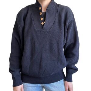 Vintage 90s Eddie Bauer Cotton Navy Blue Oversized Henley Sweater Sz XL